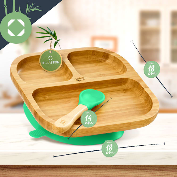 Vaisselle pour enfants comprenant assiette en bambou, cuillère 250 ml et ventouse 18 x 18 cm Vert