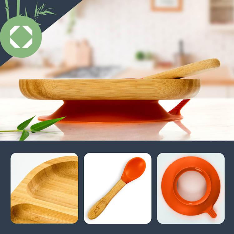 Vaisselle pour enfants comprenant assiette en bambou, cuillère 250 ml et ventouse 18 x 18 cm Orange