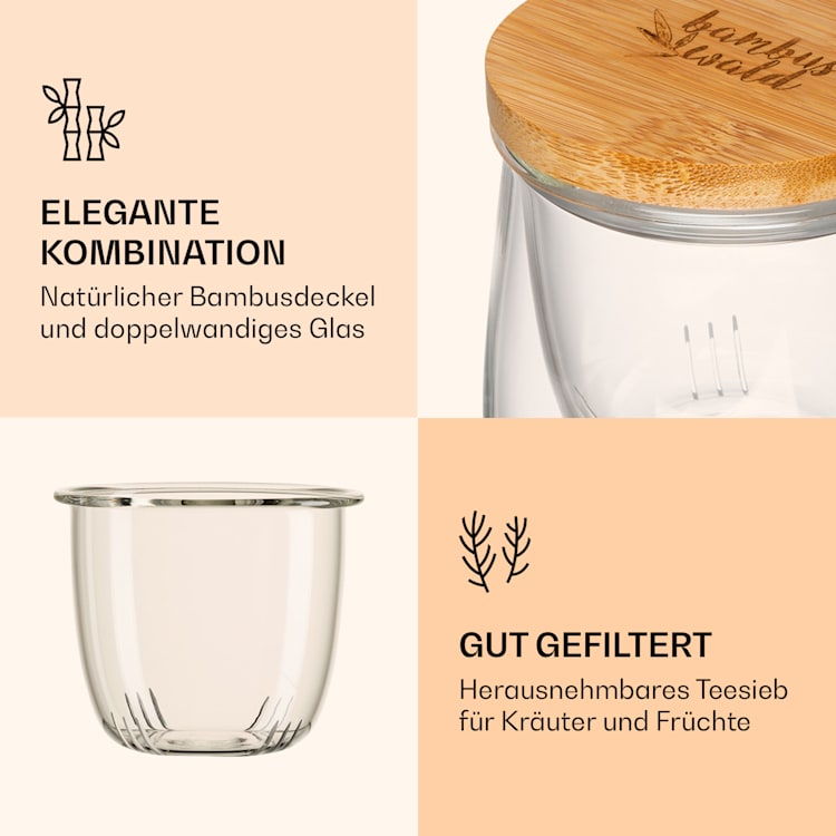 Teetasse mit Teesieb und Bambusdeckel 330 ml doppelwandiges Glas