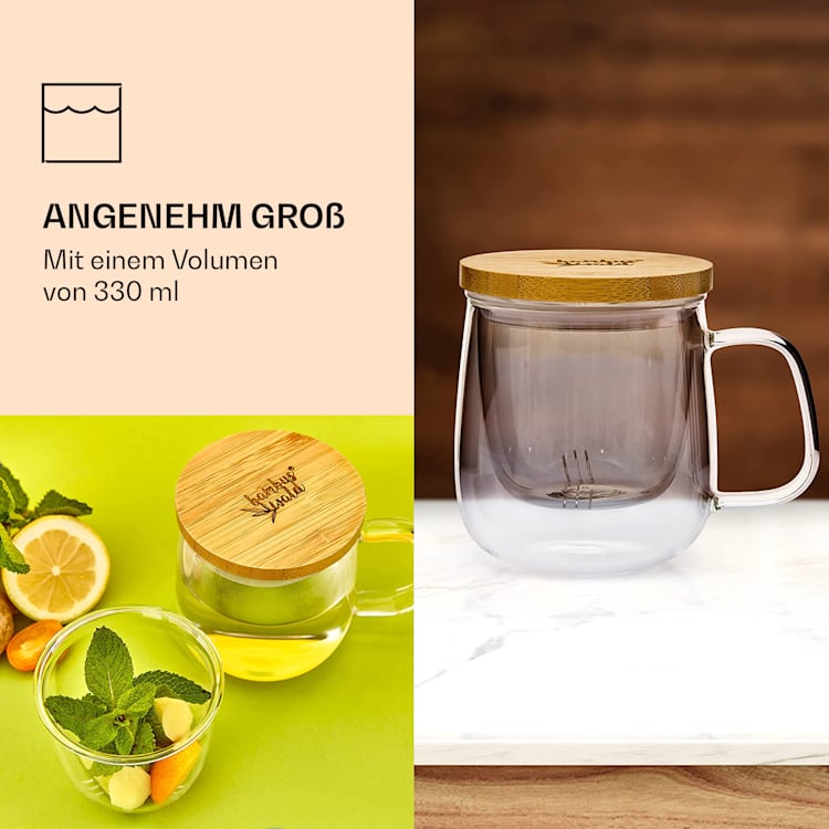 Teetasse mit Teesieb und Bambusdeckel 330 ml doppelwandiges Glas