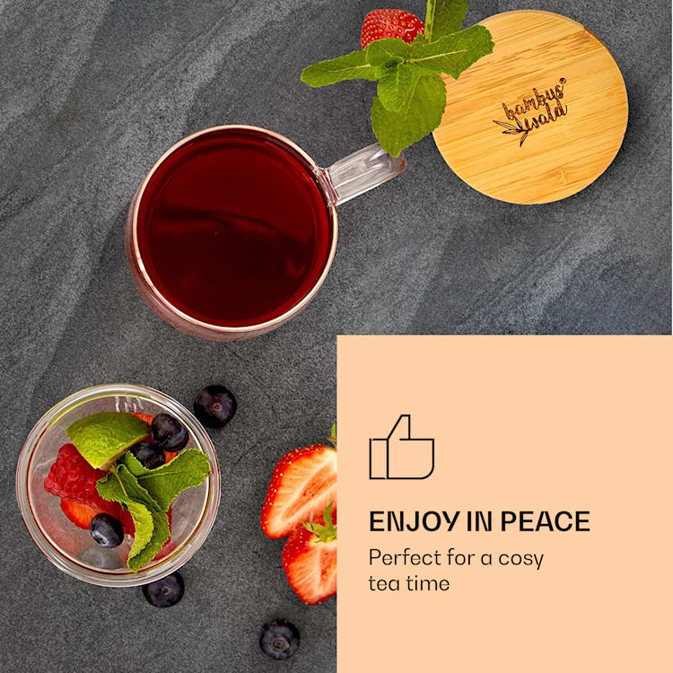 Tea cup with tea strainer and bamboo lid 330 ml double-walled glass