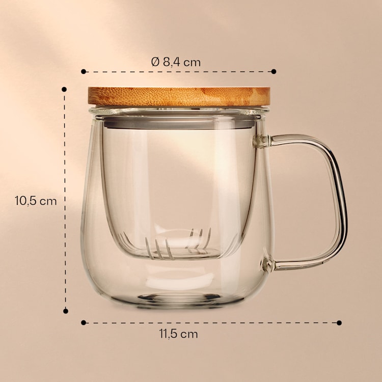 Teetasse mit Teesieb und Bambusdeckel 330 ml doppelwandiges Glas
