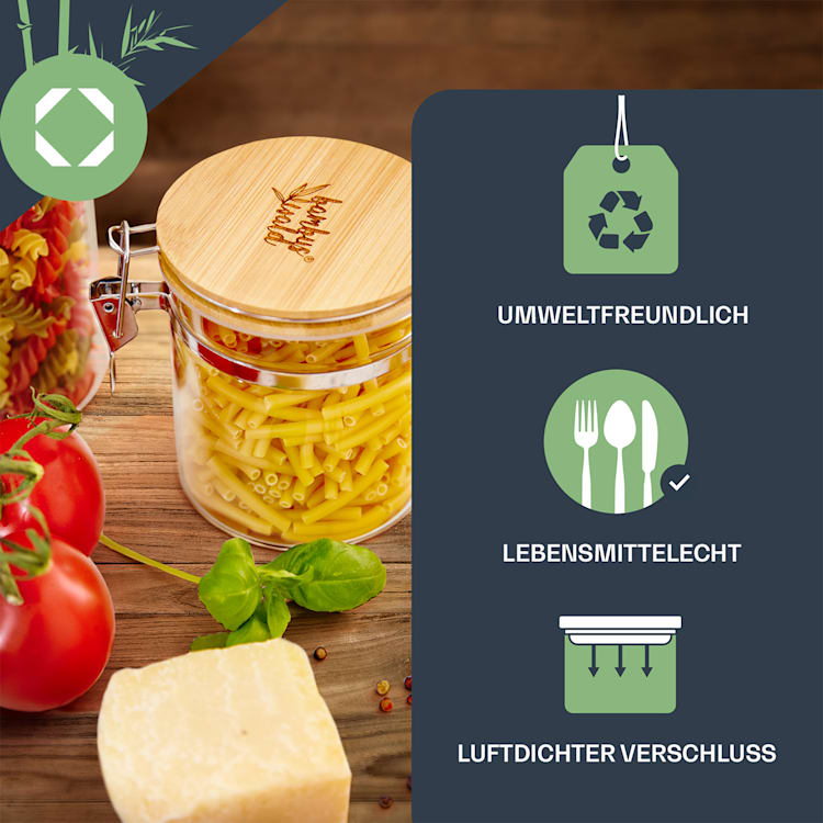 Glas mit Bambusdeckel 3er-Set Metallverschluss 550ml, 900 ml und 1250 ml
