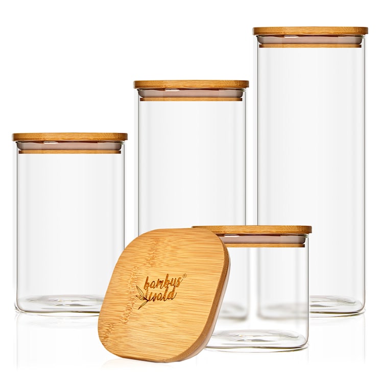 Hranatá nádoba na skladovanie potravín s bambusovým vrchnákom, súprava 4 ks, obsahuje: 700 ml, 1200 ml, 1500 ml, 2000 ml 300 ml