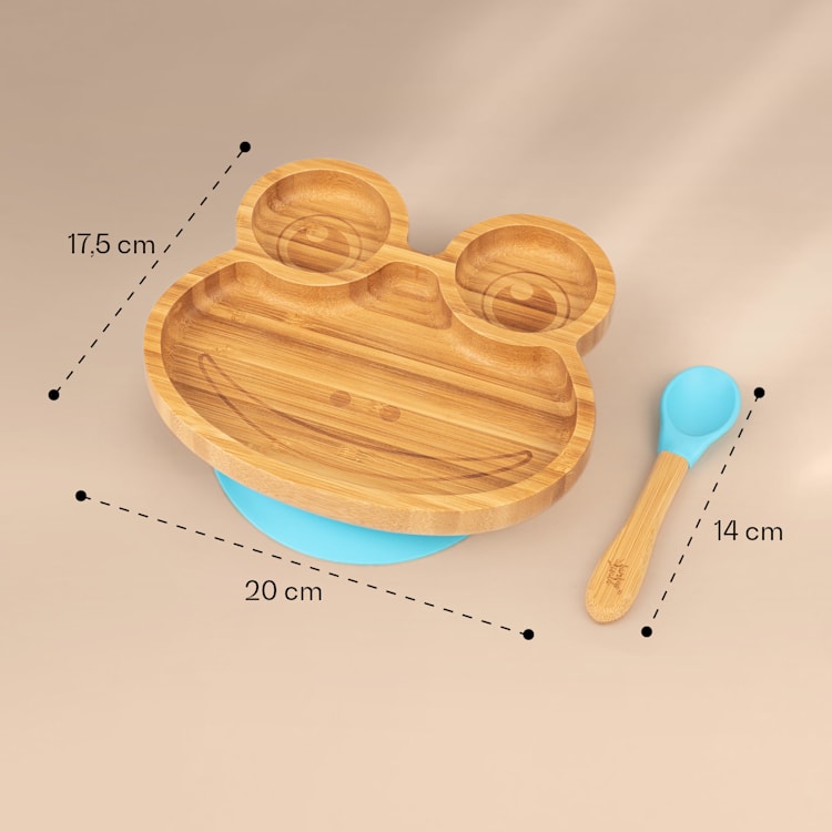 Kindergeschirr Bambusteller & Löffel 250 ml inkl. Saugnapf 18 x 18 cm Frosch | Blau