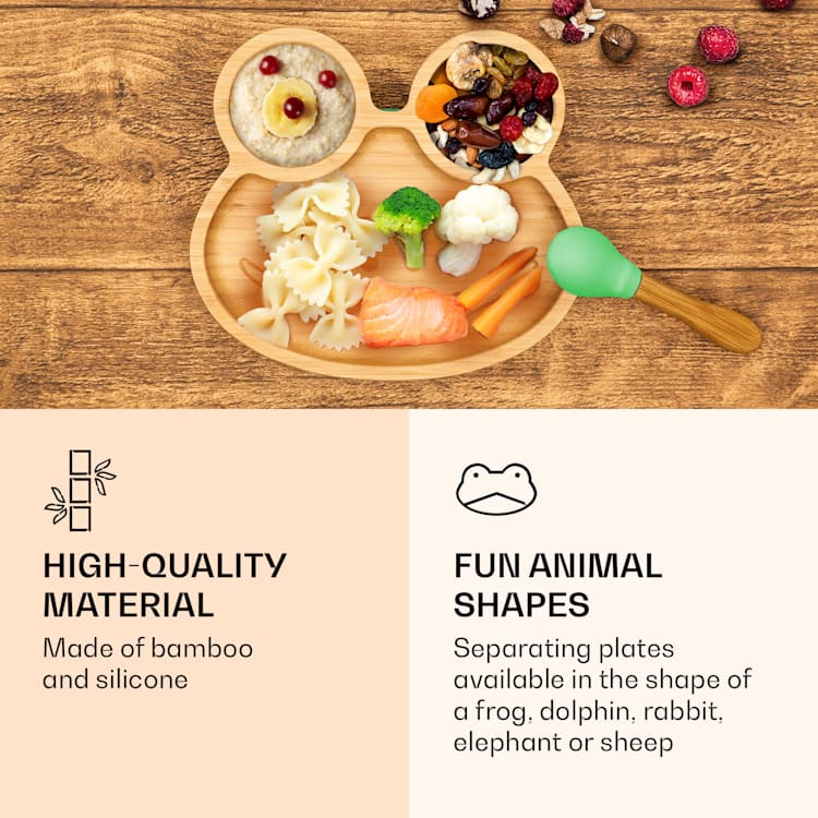 Children's Tableware Bamboo Plate & Spoon 250 ml. incl. Suction Cup 18 x 18 cm frog | Green