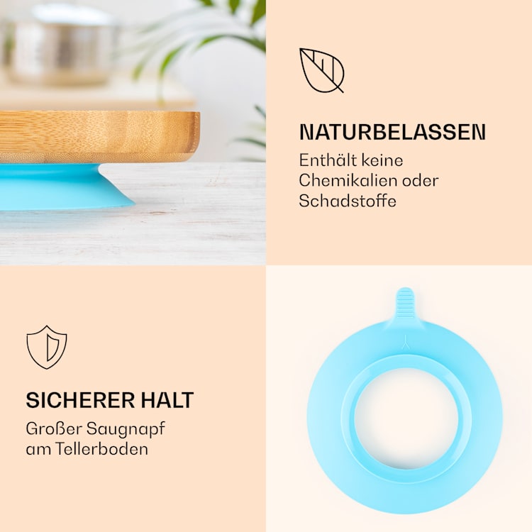 Kindergeschirr Bambusteller & Löffel 250 ml inkl. Saugnapf 18 x 18 cm Delfin | Blau