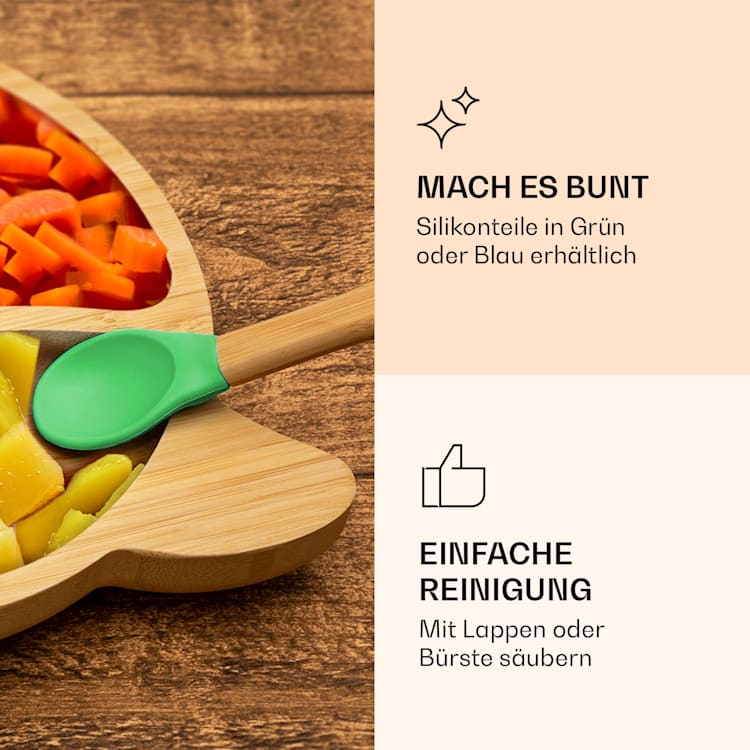 Kindergeschirr Bambusteller & Löffel 250 ml inkl. Saugnapf 18 x 18 cm Delfin | Grün