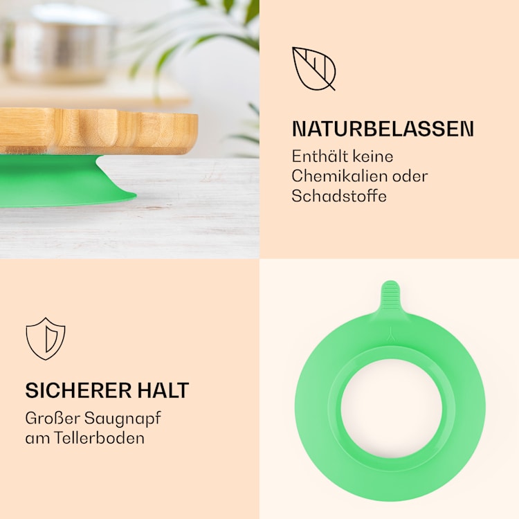 Kindergeschirr Bambusteller & Löffel 250 ml inkl. Saugnapf 18 x 18 cm Elefant | Grün