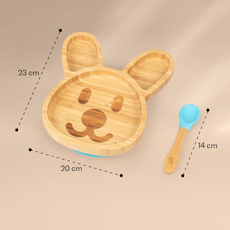 Kindergeschirr Bambusteller & Löffel 250 ml inkl. Saugnapf 18 x 18 cm Hase | Blau