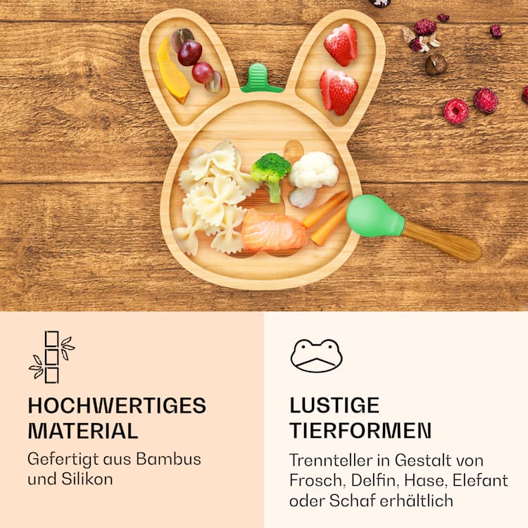 Kindergeschirr Bambusteller & Löffel 250 ml inkl. Saugnapf 18 x 18 cm Hase | Grün