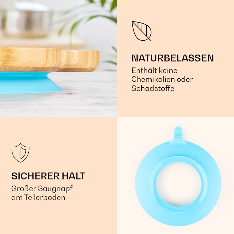 Kindergeschirr Bambusteller & Löffel 250 ml inkl. Saugnapf 18 x 18 cm Schaf | Blau