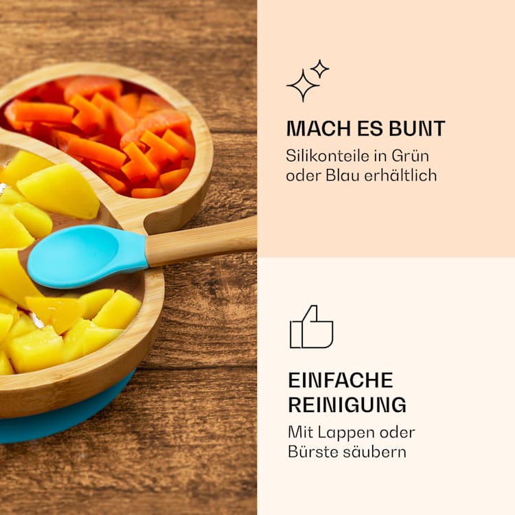 Kindergeschirr Bambusteller & Löffel 250 ml inkl. Saugnapf 18 x 18 cm Schaf | Blau