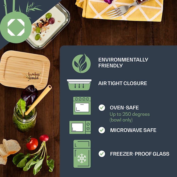 Set recipiente pătrate pentru depozitarea alimentelor, sticlă, capac din bambus, 4 bucăți, diferite dimensiuni