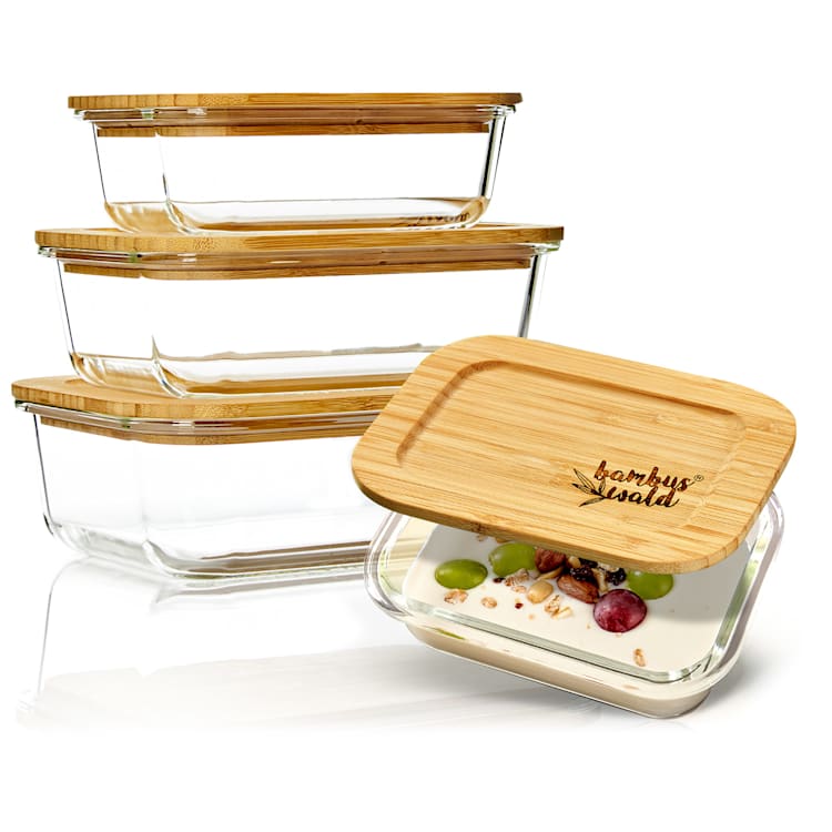 Set recipiente pătrate pentru depozitarea alimentelor, sticlă, capac din bambus, 4 bucăți, diferite dimensiuni