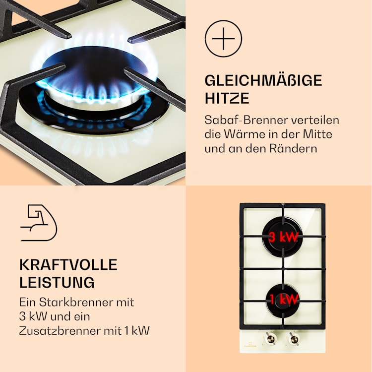 Victoria Domino Gaskochfeld 2-flammig Sabaf-Brenner Glaskeramik Retro-Look Elfenbein
