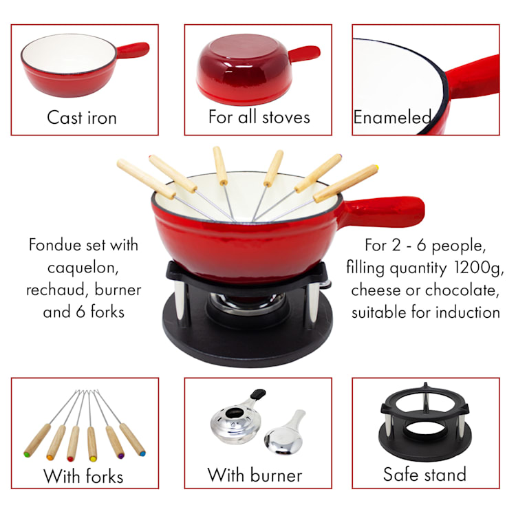 Holsten Fondue Set Pot Stove Burner 6 Forks 1.5 L Cast Iron Red