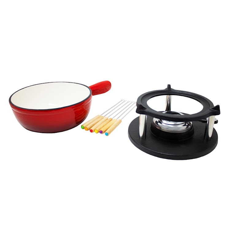 Holsten Fondue-Set Topf Stövchen Brenner 6 Gabeln 1,5 L Gusseisen Rot