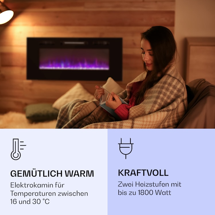 Galeras Elektrischer Wand- und Einbaukamin 1800 W LED 3 Farben Timer 102 x 47 x 13 cm | Schwarz