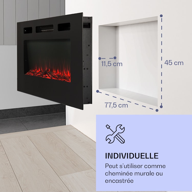 Galeras Foyer électrique mural et encastrable 1800 W LED 3 couleurs minuterie 102 x 47 x 13 cm | Noir