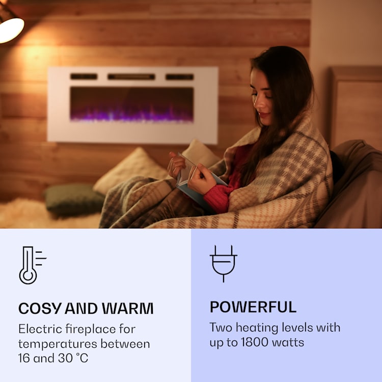 Galeras, vgradni in stenski električni kamin, 1800 W, LED, 3 barve, časovnik 102 x 47 x 13 cm | Bela