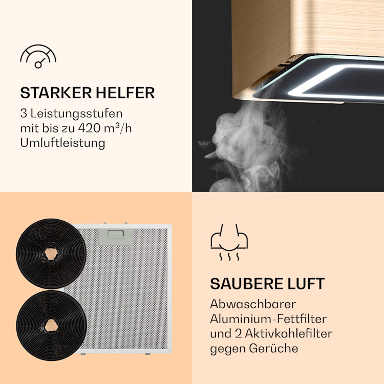 Futurelight Smart Inselabzugshaube Umluft 420m³/h LED Edelstahl Gold