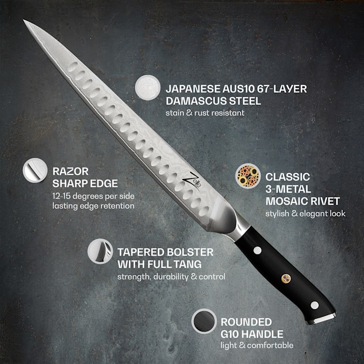 Couverts à découper de 10" série japonaise Alpha-Royal acier Damas Slicing knife