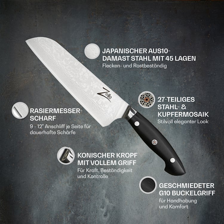 Executive-Plus Serie 7" Santokumesser 61 HRC Damaszenerstahl Santokumesser
