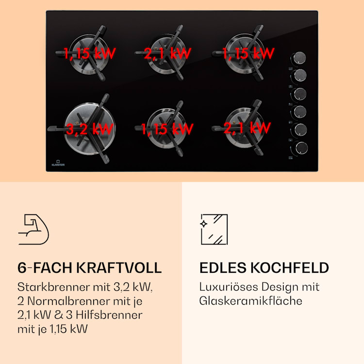 Trifecta 6 Gaskochfeld 6-flammig Stark-, Normal- und Hilfsbrenner Glaskeramik 6 Brenner | Schwarz