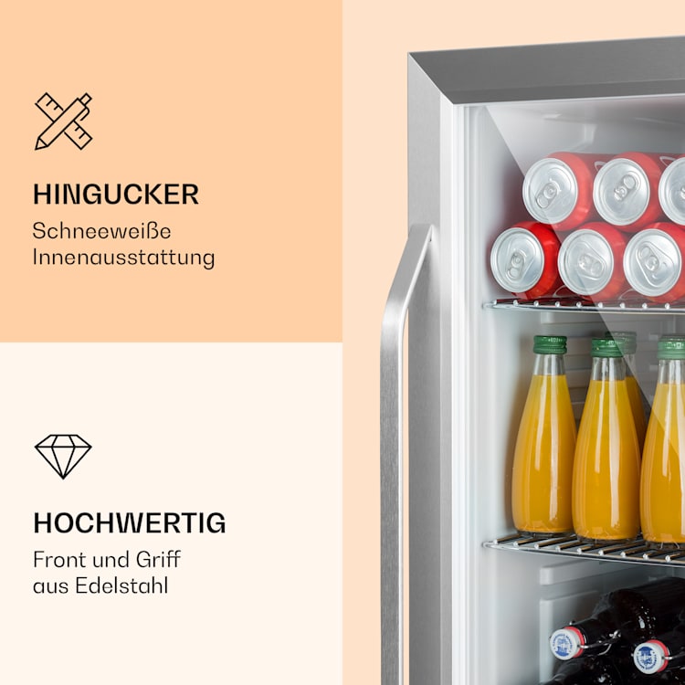 Beersafe XXL Crystal White Kühlschrank 80 Liter 3 Böden doppelt isolierte Panoramaglastür Edelstahl 80 Ltr | Crystal White