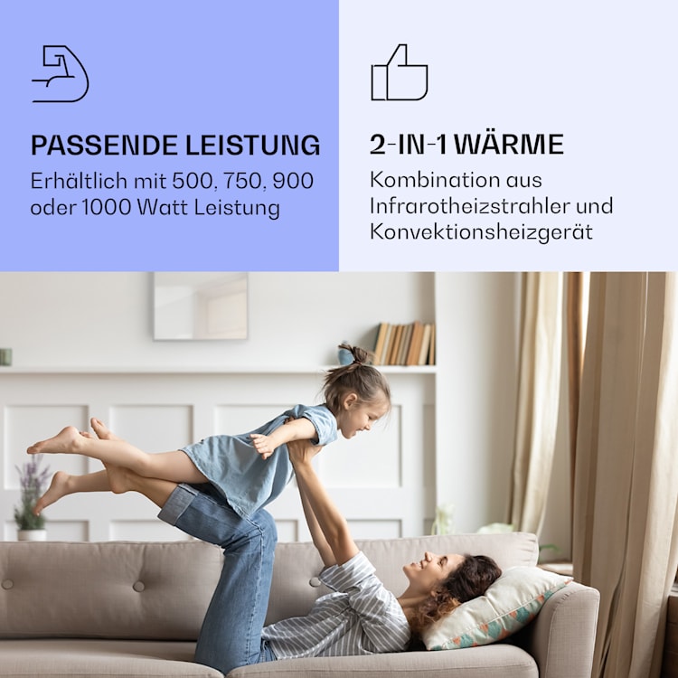 La Palma 750 smart 2-in-1 Heizgerät Infrarot Konvektor 85x60cm 750W Spiegelfront 750 W (60 x 85 cm) | Silber