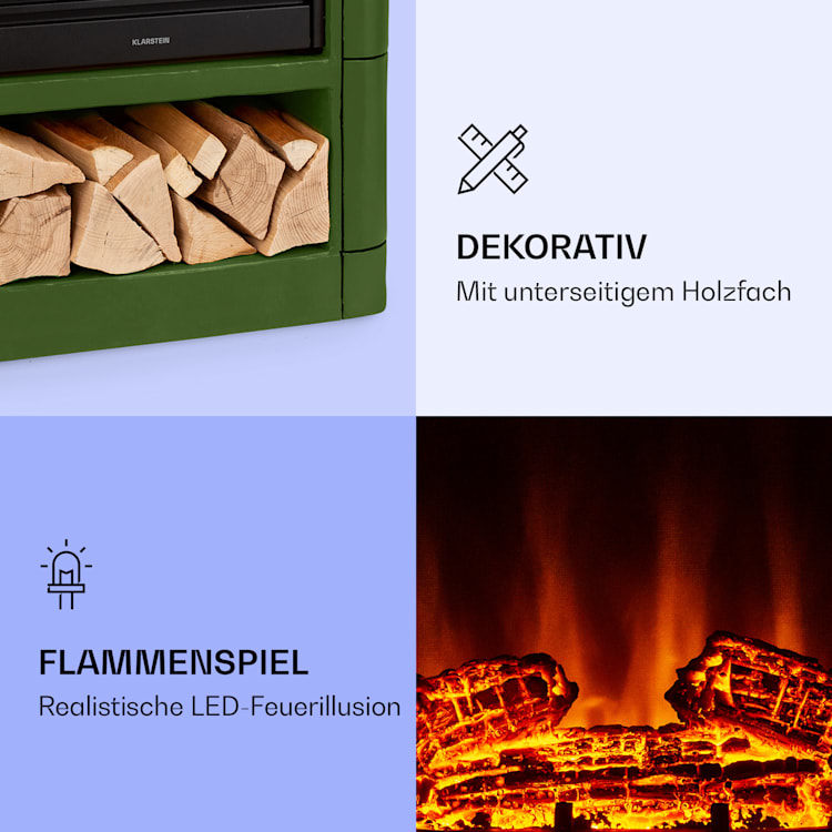 Dukono Elektrokamin 1800 W LED-Flammen Heizlüfter Timer Holzfach Grün