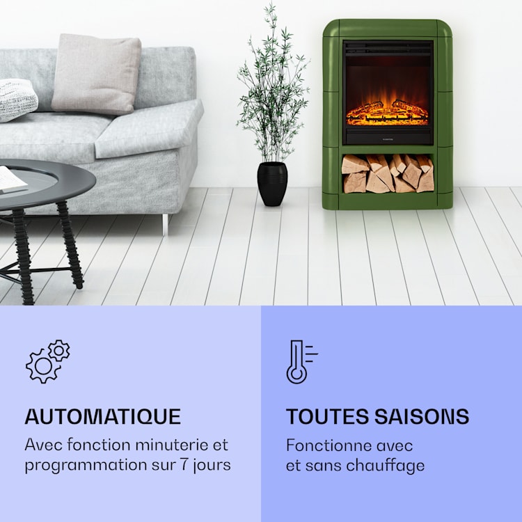 Dukono Cheminée électrique 1800 W Flammes LED radiateur soufflant minuterie compartiment à bois Vert