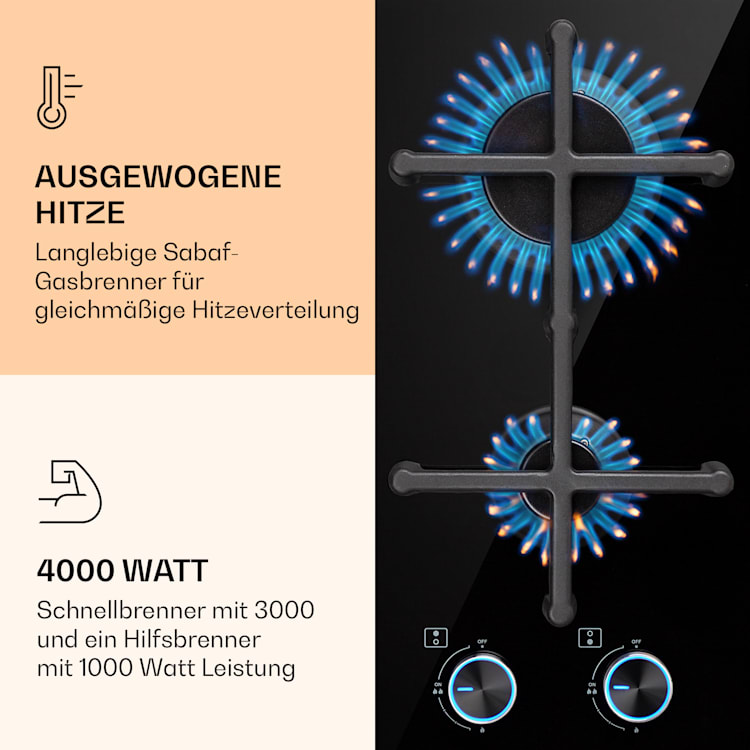 Illuminosa Domino Gaskochfeld 2-flammig Sabaf-Brenner Glaskeramik 2 | Schwarz