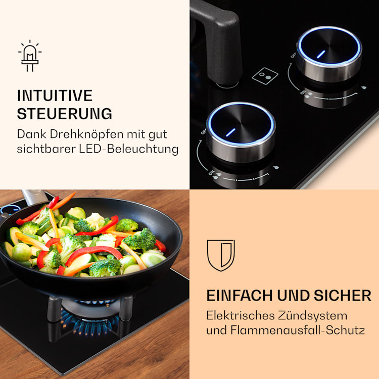 Illuminosa Domino Gaskochfeld 2-flammig Sabaf-Brenner Glaskeramik 2 | Schwarz