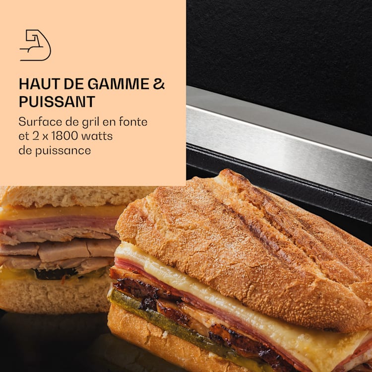 Grillexpress 3600 gril de contact Paninimaker 2x1800W acier inoxydable fonte Surface de gril lisse | Acier inoxydable