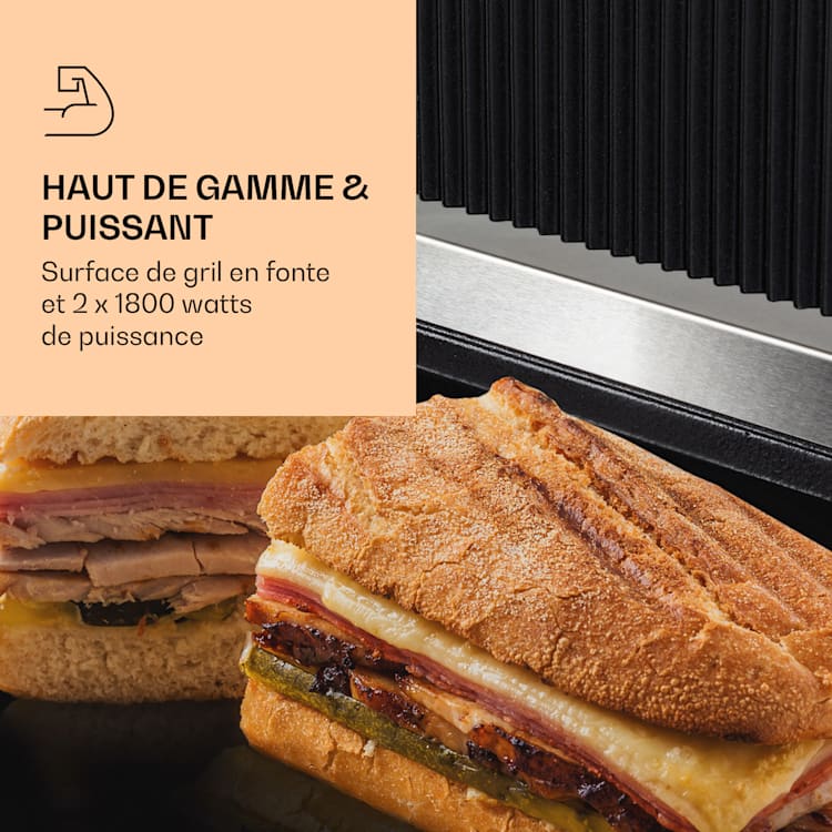 Grillexpress 3600 Gril de contact Paninimaker 2x1800W Acier inoxydable Fonte Surface de gril lisse et nervurée | Acier inoxydable