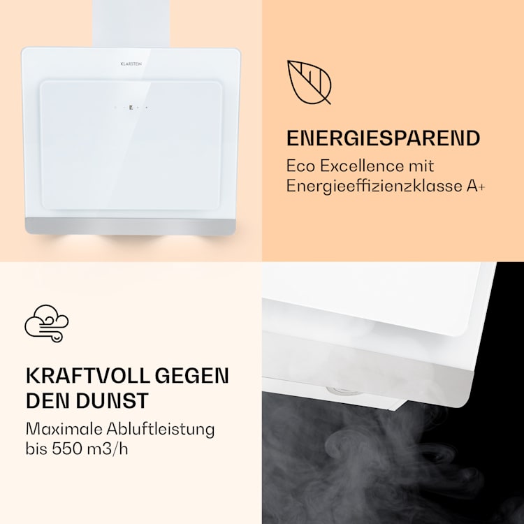 >Aurora Eco 60 Dunstabzugshaube 550 m³/h 60cm kopffrei Ambientelicht EEC A+ Weiß | 60 cm