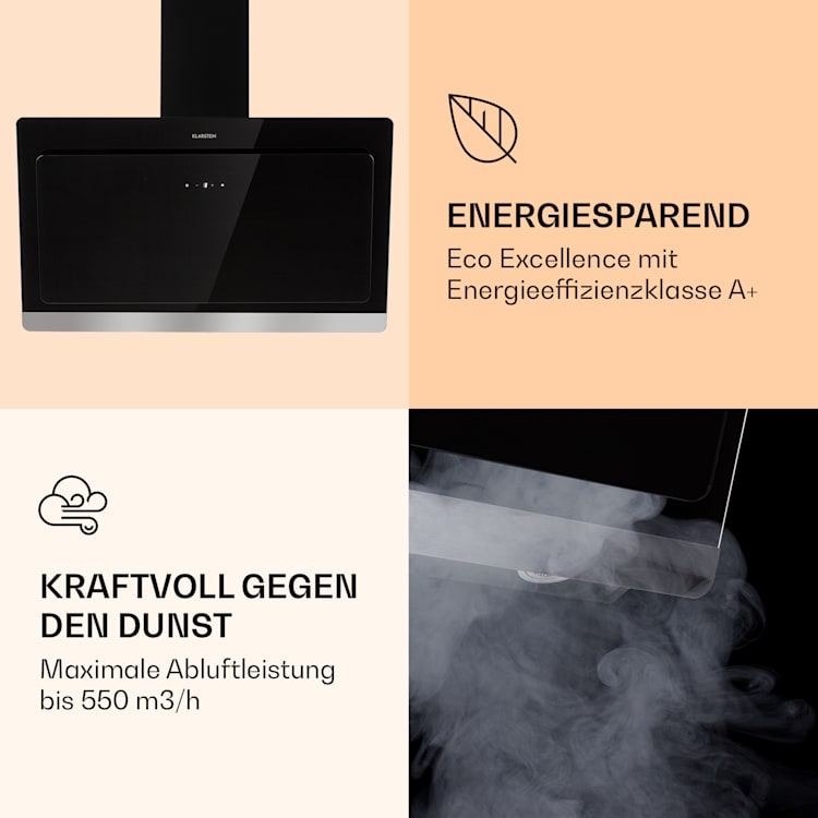 Aurora Eco 90 Dunstabzugshaube 550 m³/h 90cm kopffrei Ambientelicht EEC A+ Schwarz | 90 cm