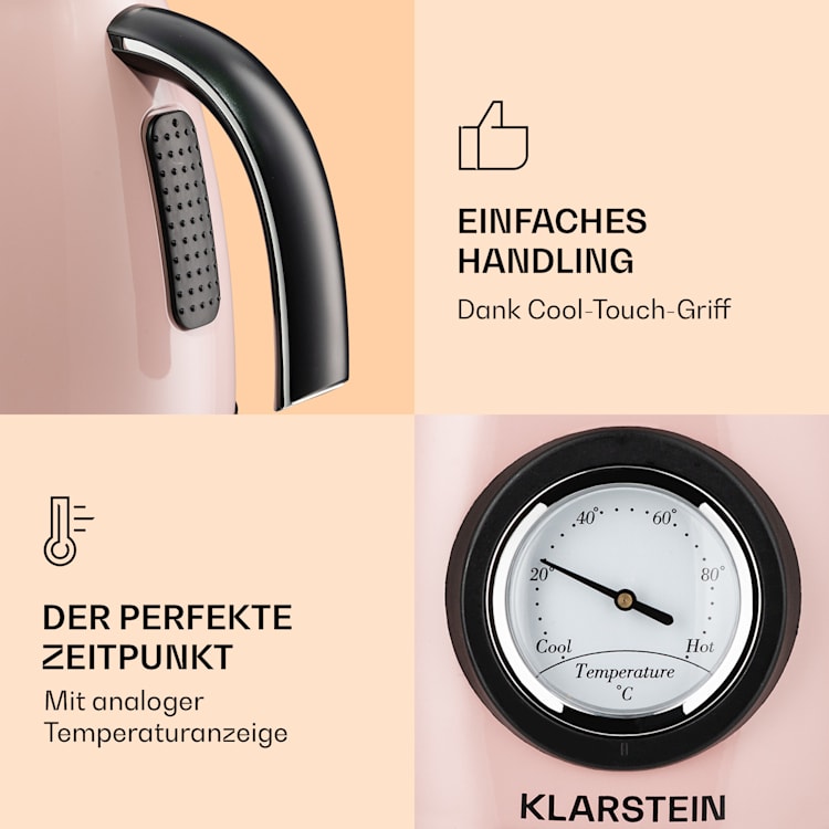 Aquavita Chalet Wasserkocher 1,7 Liter 2200 Watt Temperaturanzeige Edelstahl Pastellrosa