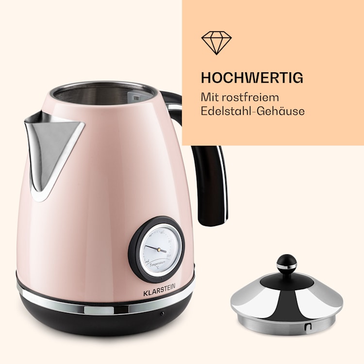 Aquavita Chalet Wasserkocher 1,7 Liter 2200 Watt Temperaturanzeige Edelstahl Pastellrosa