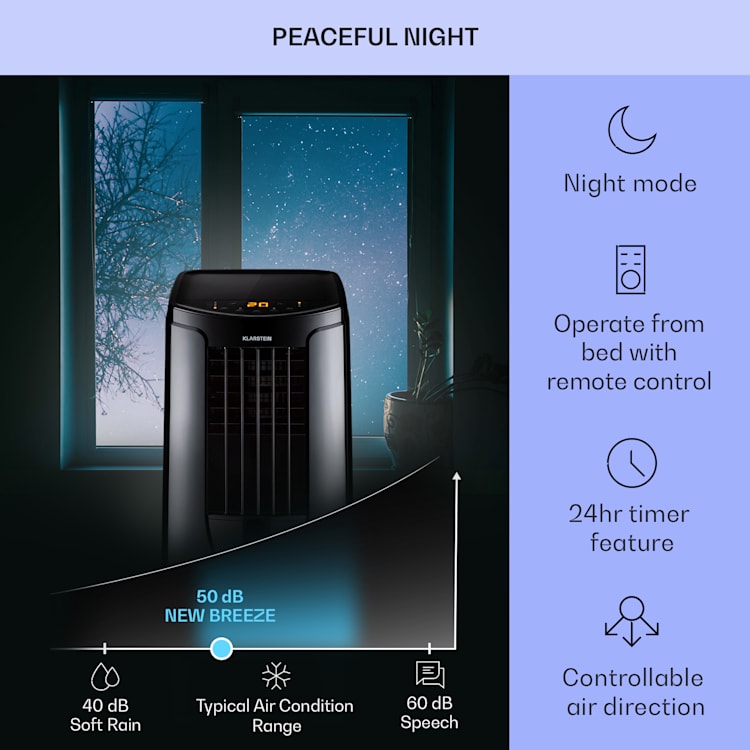 Novi Breeze 9, mobilni klima uređaj, 4 u 1, 9.000 BTU / 2,6 kW, EEC A, kotači, mjerač vremena Crna