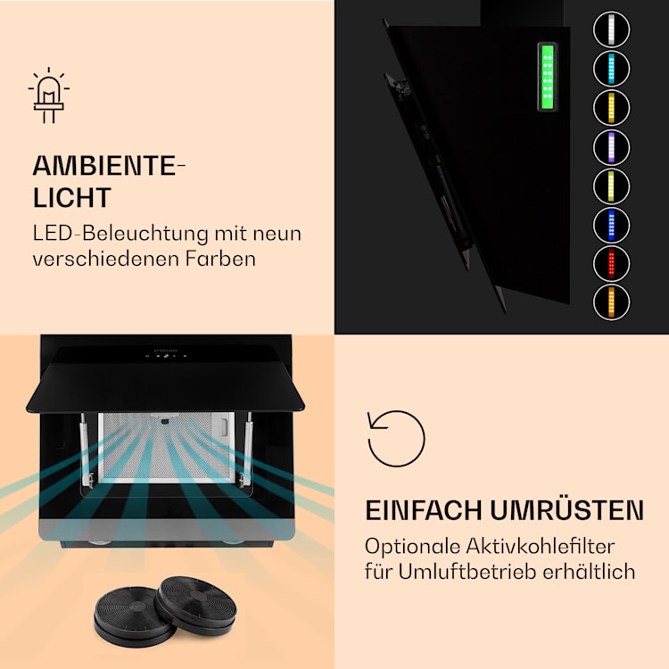 Aurora 60 Smart Dunstabzugshaube 550 m³/h 60cm kopffrei Ambiente-Licht EEC A++ 60 cm | Schwarz