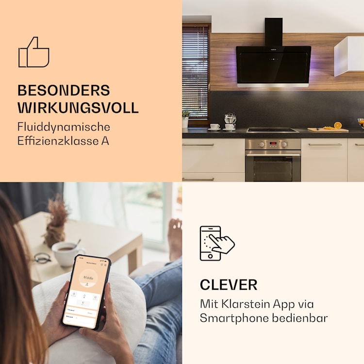 Aurora 90 Smart Dunstabzugshaube 550 m³/h 90cm kopffrei Ambiente-Licht EEC A++ 90 cm | Schwarz