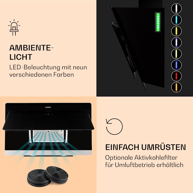 Aurora 90 Smart Dunstabzugshaube 550 m³/h 90cm kopffrei Ambiente-Licht EEC A++ 90 cm | Schwarz