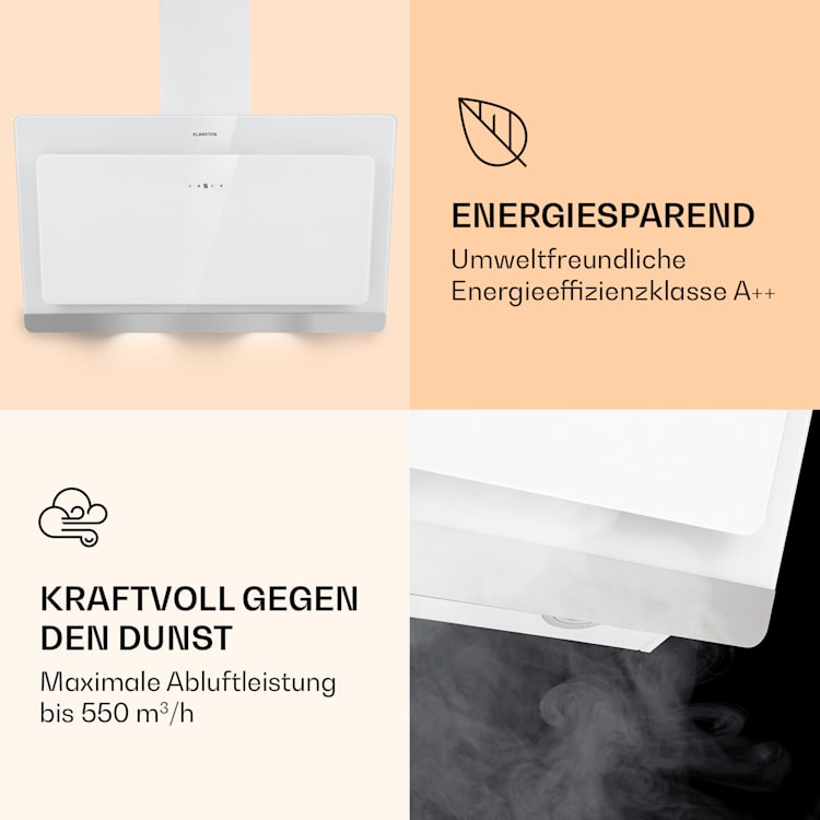 Aurora 90 Smart Dunstabzugshaube 550 m³/h 90cm kopffrei Ambiente-Licht EEC A++ 90 cm | Weiß