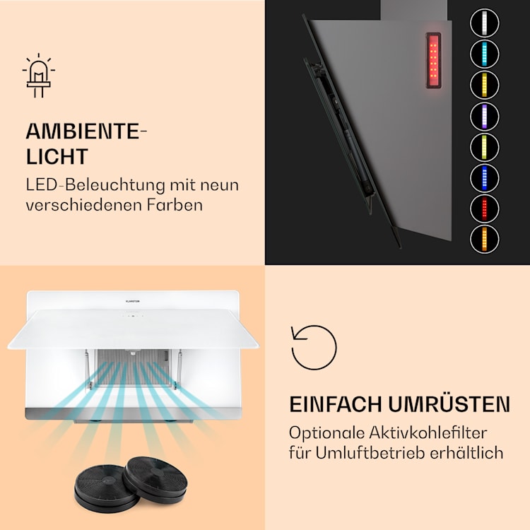 Aurora 90 Smart Dunstabzugshaube 550 m³/h 90cm kopffrei Ambiente-Licht EEC A++ 90 cm | Weiß