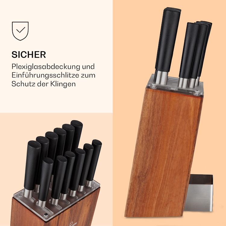 Kitano XL 13tlg. Messer-Set mit Block 12 Messer Stahl edler Holzblock Akazie