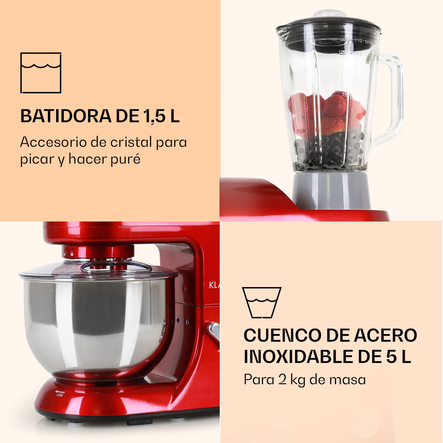 Klarstein Lucia robot de cocina 3 en 1 1800 W/2,7 PS 5 L acero inoxidable sin BPA