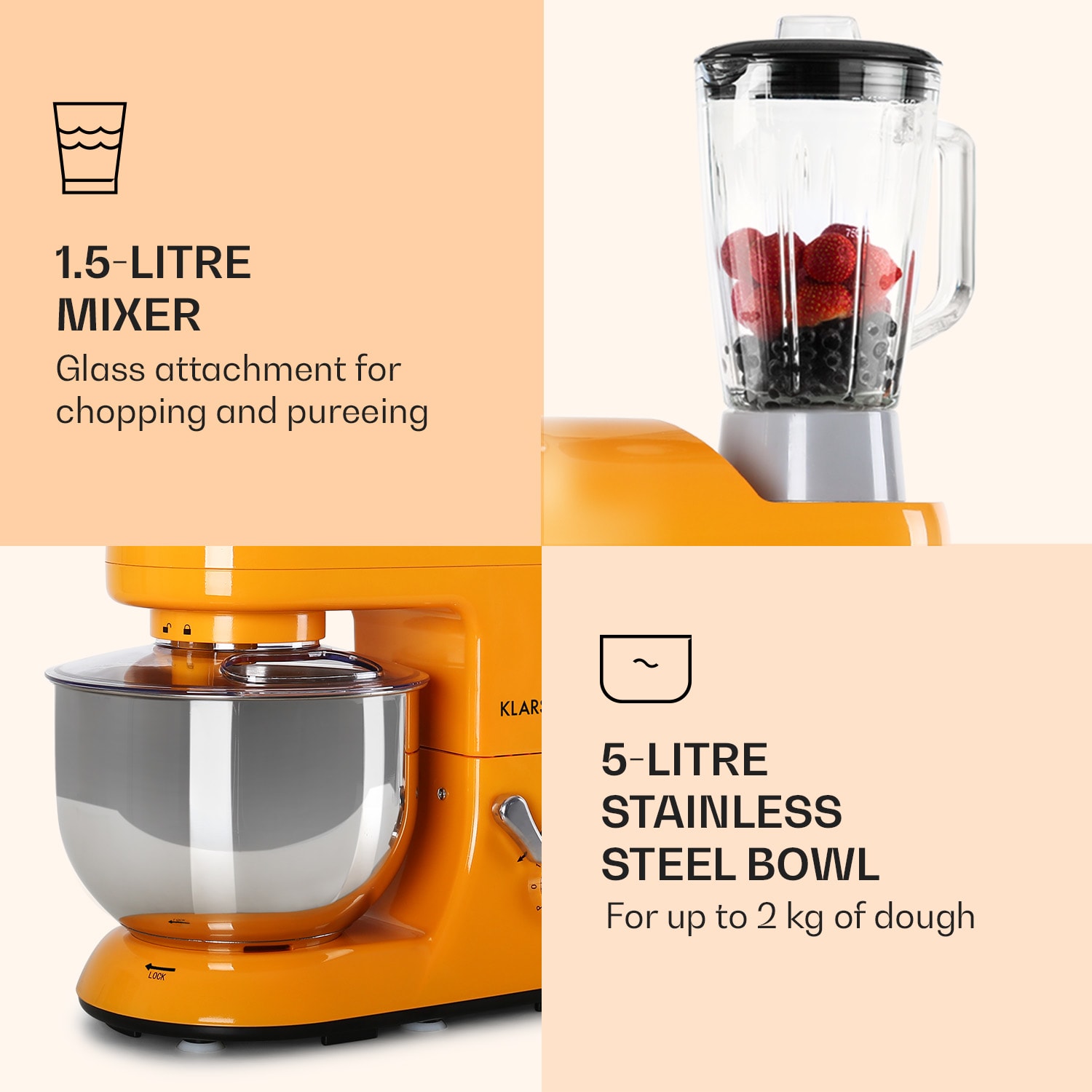 Klarstein Lucia Food Processor 3-in-1 1800 W / 2.7 PS 5 Litre Stainless Steel BPA-free